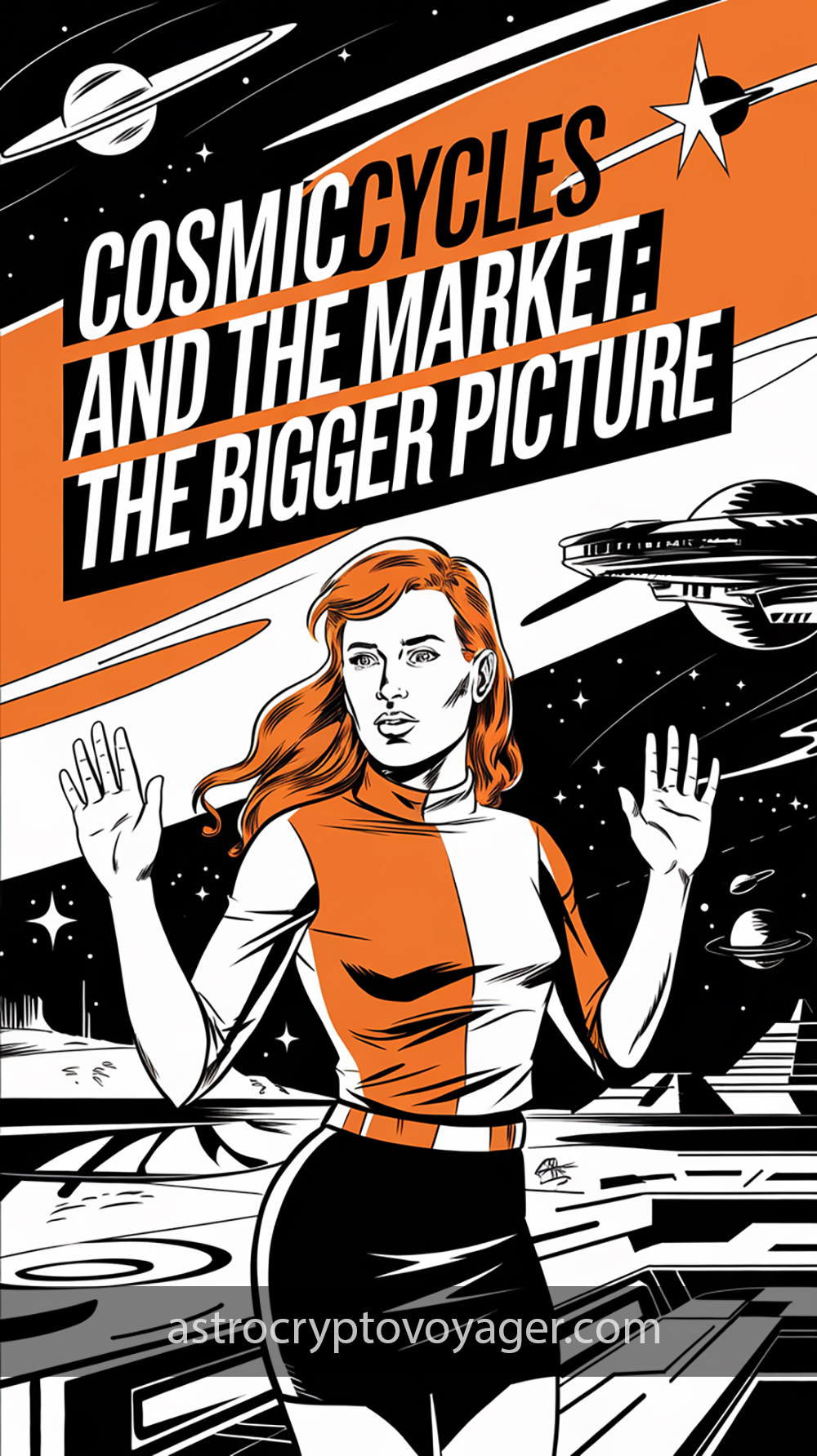 Comic book style, black and white with orange accents: Text on the image: "Cosmic Cycles and the Market The Bigger Picture"